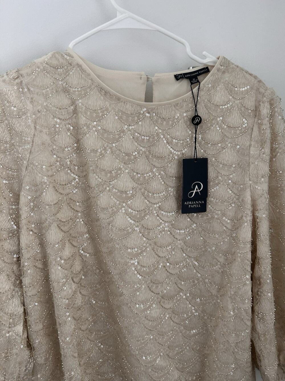 Adrianna Papell Sequin Embroidered Lace Blouse Beige Lined 3/4 Sleeve M